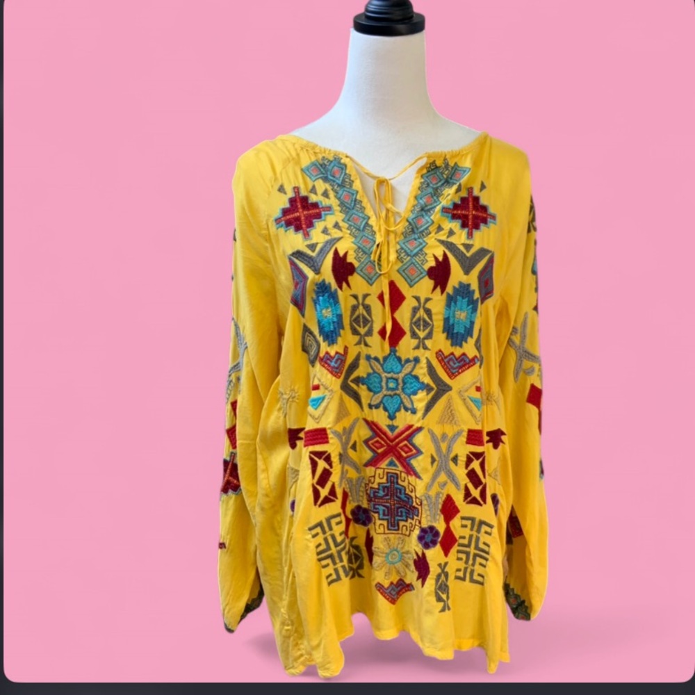 Gorgeous Johnny Was Yellow Embroidered Boho Blouse